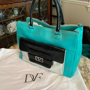 DVF color block teal, black and white satchel
